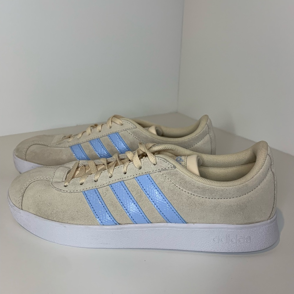 Adidas Women's Grand Court Sneaker, Beige with Powder Blue Stripes